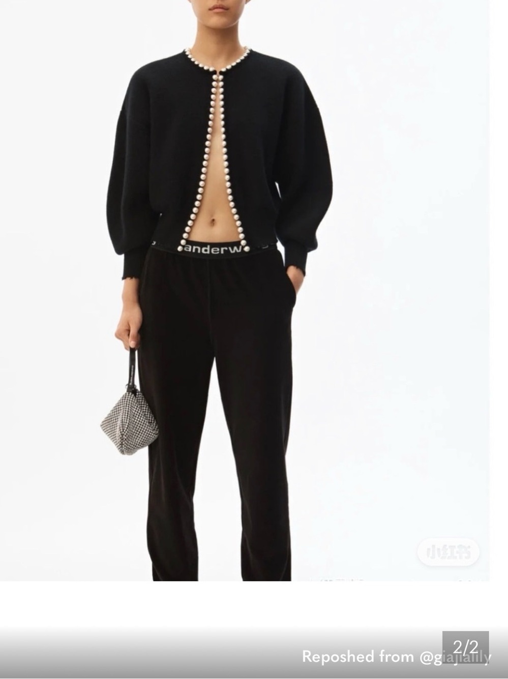 Black Pearl-Trim Knit Cardigan and Pants Set